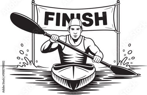 Kayaking athlete crossing finish line at water racing competition with paddle and splash effects