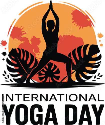International Yoga Day warrior pose with abstract sun Keywords: yoga, international yoga day