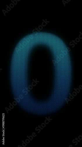 Blue Number Zero Scanner Effect Animation on Dark Background, Cyan Scanning Dot Grid Symbol Seamless Loop, 9:16 Vertical Video