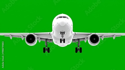 White commercial airplane with landing gear on green background