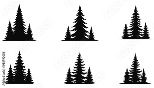 Set of minimalist evergreen pine tree silhouettes in a forest cluster for nature logos and outdoor adventure designs
