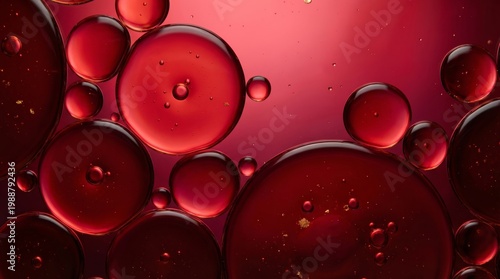 Red oil bubbles floating on a red liquid with a gradient background