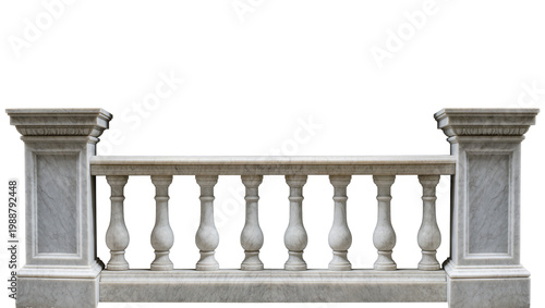 Ornate white marble balustrade with carved pillars, isolated on transparent background