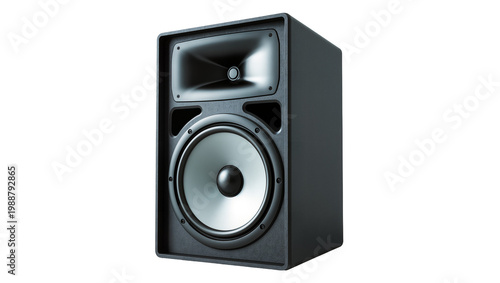 Принти на полотні Black textured studio monitor speaker with silver woofer, isolated on transparen