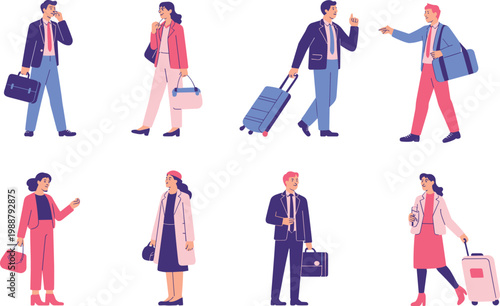 Business people traveling with luggage, professional characters commuting and meeting, corporate lifestyle, airport journey concept, modern flat vector illustration set