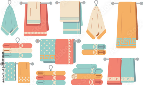 Bathroom towels set hanging and folded, home textile collection, soft fabric decor, household items, flat vector illustration design