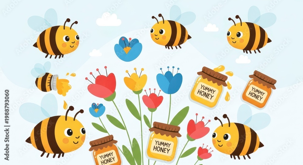 Fototapeta premium Cartoon bees pollinating flowers with honey jars in spring garden illustration