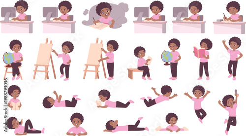 Child character set with school activities learning reading drawing playing, cute kid poses collection, education concept, flat vector illustration