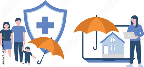 Insurance protection concept with family health home safety coverage, umbrella shield security symbols, risk management modern flat vector illustration