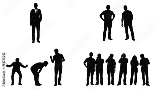 Set of professional and casual people silhouettes in various poses including business suit group standing and expressive gestures