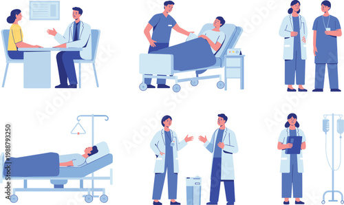 Medical team treating patients in hospital scenes, doctors and nurses healthcare service, clinical care concept, modern flat vector illustration