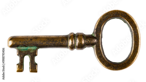 Fényképezés Antique brass skeleton key with verdigris patina, isolated on transparent backgr