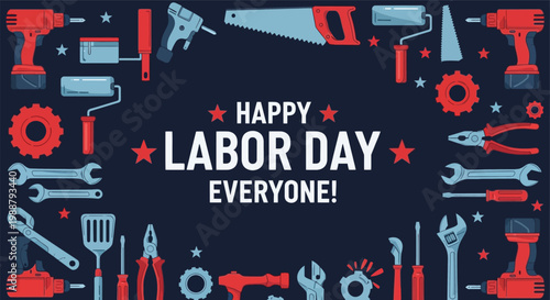 Labor Day greeting card, industrial tool frame with work equipment, construction vector