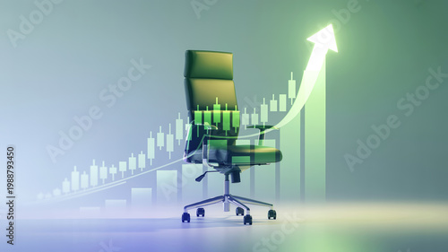 Office chair with rising chart and upward arrow representing business growth and career success. Concept of leadership, promotion and corporate development