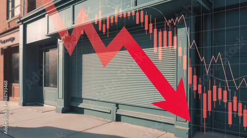 Closed storefront with falling chart and downward arrow showing business decline