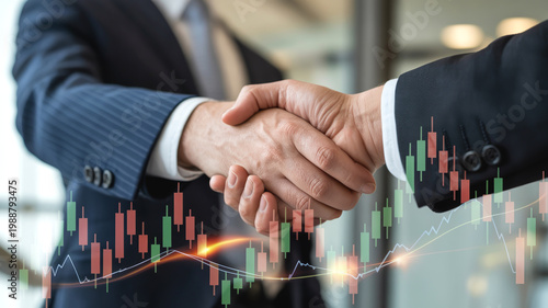Business handshake with financial chart overlay showing partnership and market growth, Concept of agreement, investment and corporate success