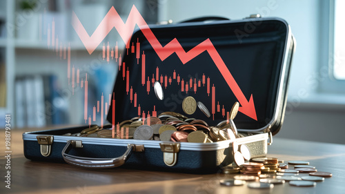 Business briefcase spilling coins with falling chart and downward arrow, Concept of financial loss, declining profits and economic instability