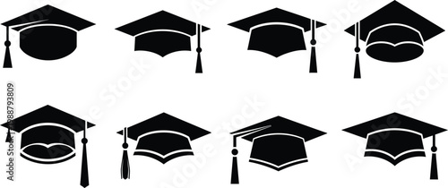 Graduation hat cap icons set. Academic cap. Graduation student black cap and diploma - stock vector.