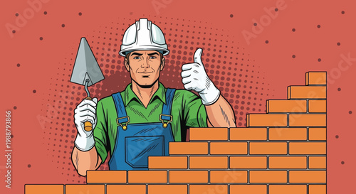 Retro pop art mason building brick wall, construction worker with trowel, comic vector
