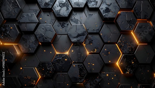 Geometric dark hexagons with glowing orange light accents