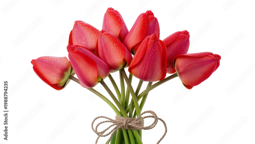 Obraz premium Bouquet of red tulips with water droplets tied with twine, isolated on transparent background