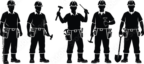 Construction worker silhouettes set, industrial handyman with tools vector, builder icons
