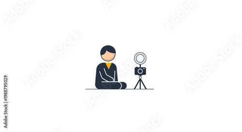 Illustration of a person sitting on the floor, recording a video with a camera and ring light, symbolizing content creation and vlogging.