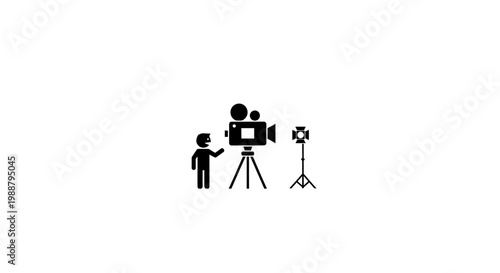 A simple black and white icon depicting a person operating a vintage film camera with a studio light.