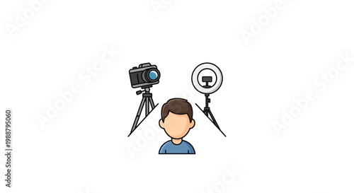A cartoon illustration of a man standing between a camera on a tripod and a ring light on a stand, representing content creation or vlogging.