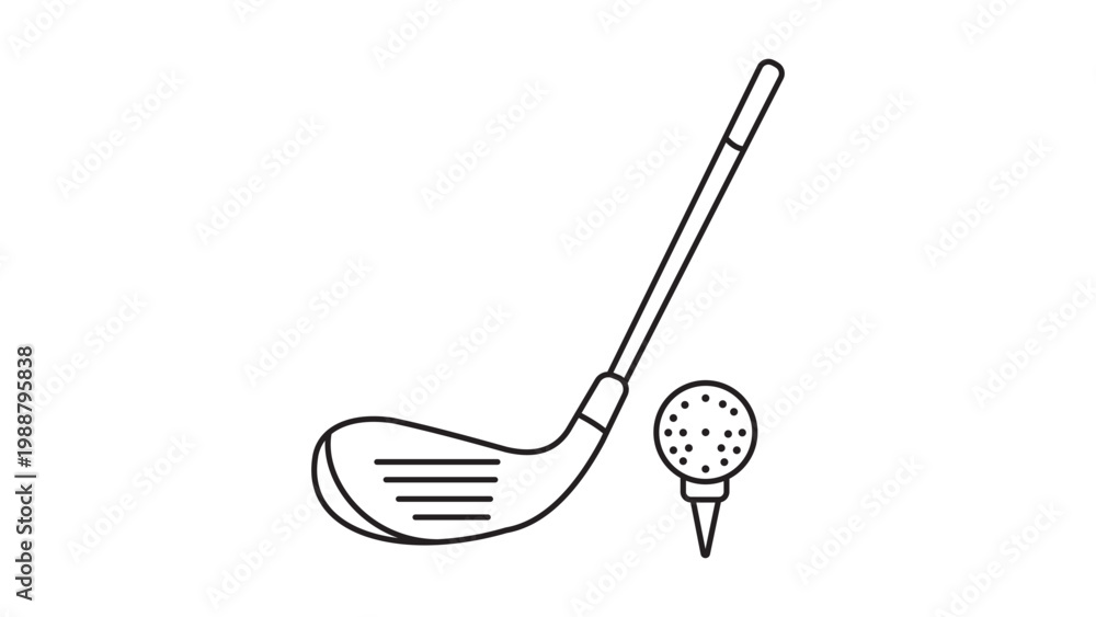 Fototapeta premium Minimalist Golf Club and Ball on Tee Vector Icon Illustration with Editable Stroke. Clean Black Line Art of a Driver Club and Golf Ball for Sports Design, Branding, and Web Graphics.