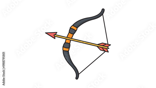 Modern flat vector icon of a recurve archery bow and arrow on a white background. This editable stroke vector illustration is perfect for sports, hunting, archery, or target practice designs.