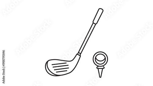 Minimalist Golf Club and Ball on Tee Editable Stroke Vector Icon. Hand-drawn black line art illustration of a golf driver and dimpled ball on a tee, perfect for sports branding and web design.