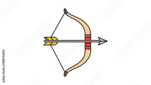 Archery Bow and Arrow Modern Flat Vector Icon on White Background. This recurve bow illustration features an editable stroke, making it perfect for sports, hunting, and outdoor hobby graphics.