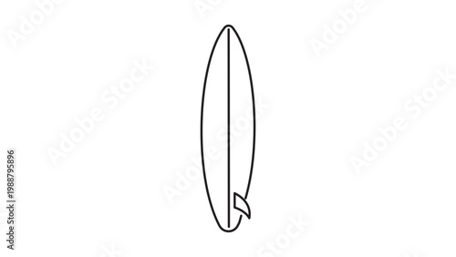 Minimalist black line vector icon of an upright long surfboard with a fin on a white background. This scalable editable stroke vector illustration is perfect for summer, surfing, and beach-themed