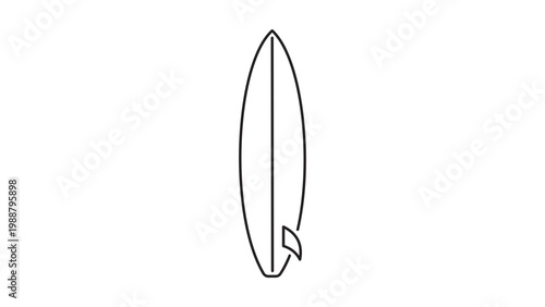 Minimalist Surfboard Vector Icon with Editable Stroke. Hand-drawn black line illustration of a classic longboard surfboard on white background. Scalable graphic for summer, beach, and surf designs.