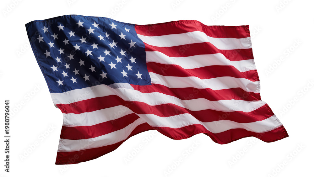 Waving American flag with red and white stripes and blue field with stars, isolated on transparent background