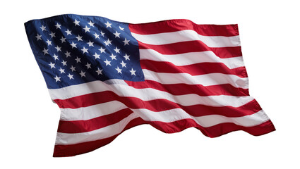Waving American flag with red and white stripes and blue field with stars, isolated on transparent background