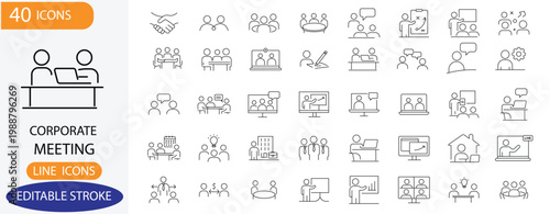 Corporate Meeting Line Icons Set. Features icons of presentations, conference, teamwork, strategy, and office meetings. Perfect for business apps and UI.