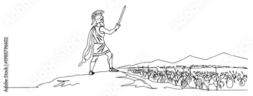 Spartan Warrior General Leading Army into Battle, Ancient Greek Commander with Sword on Hill, One Line Art Illustration of History and Leadership
