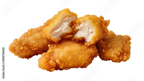 Принти на полотні Golden crispy chicken tenders one broken open revealing juicy white meat, isolat