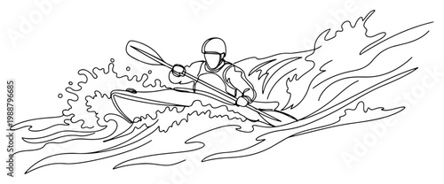 Man Kayaking in Fast River Waves, Extreme Water Sport and Whitewater Kayak Adventure, One Line Art Minimalist Drawing