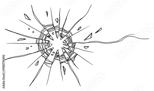Broken Glass Hole with Shattered Shards and Cracks, Bullet Hole Effect, Minimalist One Line Art Illustration for Design Texture