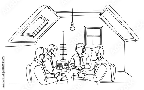Vintage Radio Operators in Attic with Antenna and Headphones, Ham Radio Communication Scene, One Line Art Minimalist Illustration