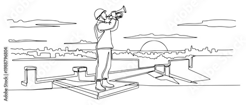Soldier Playing Bugle Trumpet on Roof at Sunset Over City, Military Signal and Remembrance Concept, One Line Art Minimalist Illustration