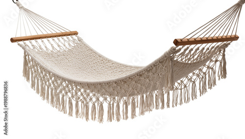 Foto Cream macrame hammock with wooden spreader bars and fringe, isolated on transpar