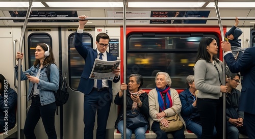 People celebrating on a subway train with raised fist and smiles