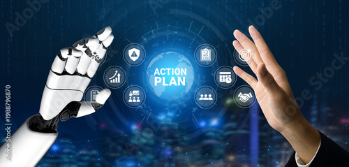 Tableau sur toile A human hand meets a robotic hand in a digital realm, showcasing an action plan concept