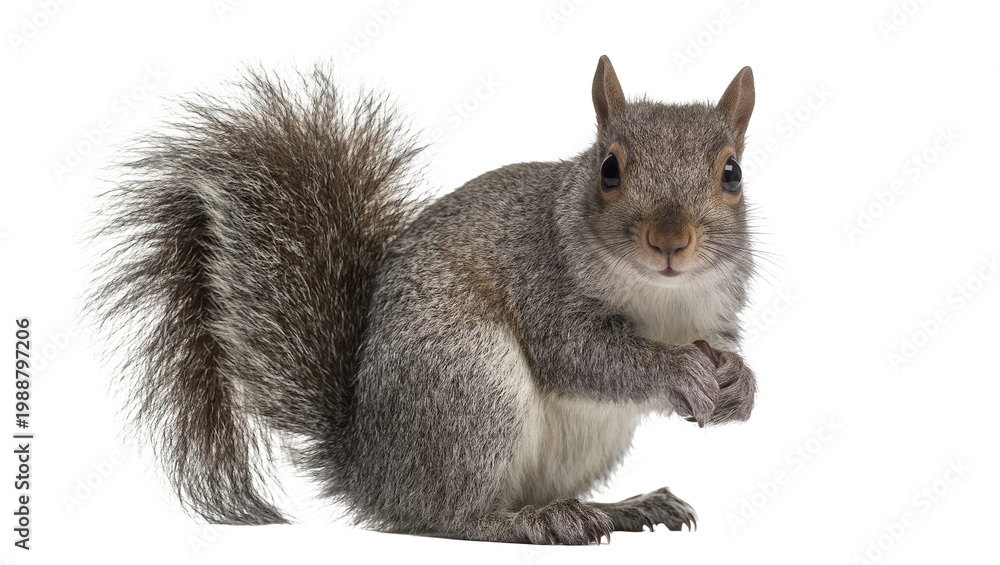 Fototapeta premium Fluffy grey squirrel holding a nut, isolated on transparent background