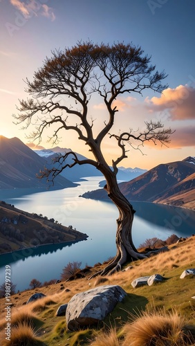 Gnarly ancient tree overlooks serene mountain lake at sunset
