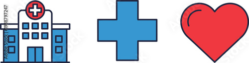 Healthcare icons feature a blue hospital building, a cross and red heart.